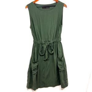 Fat Face 10 Linen Army Green Midi Dress Scoopneck Pockets Tie Front Summer Beach